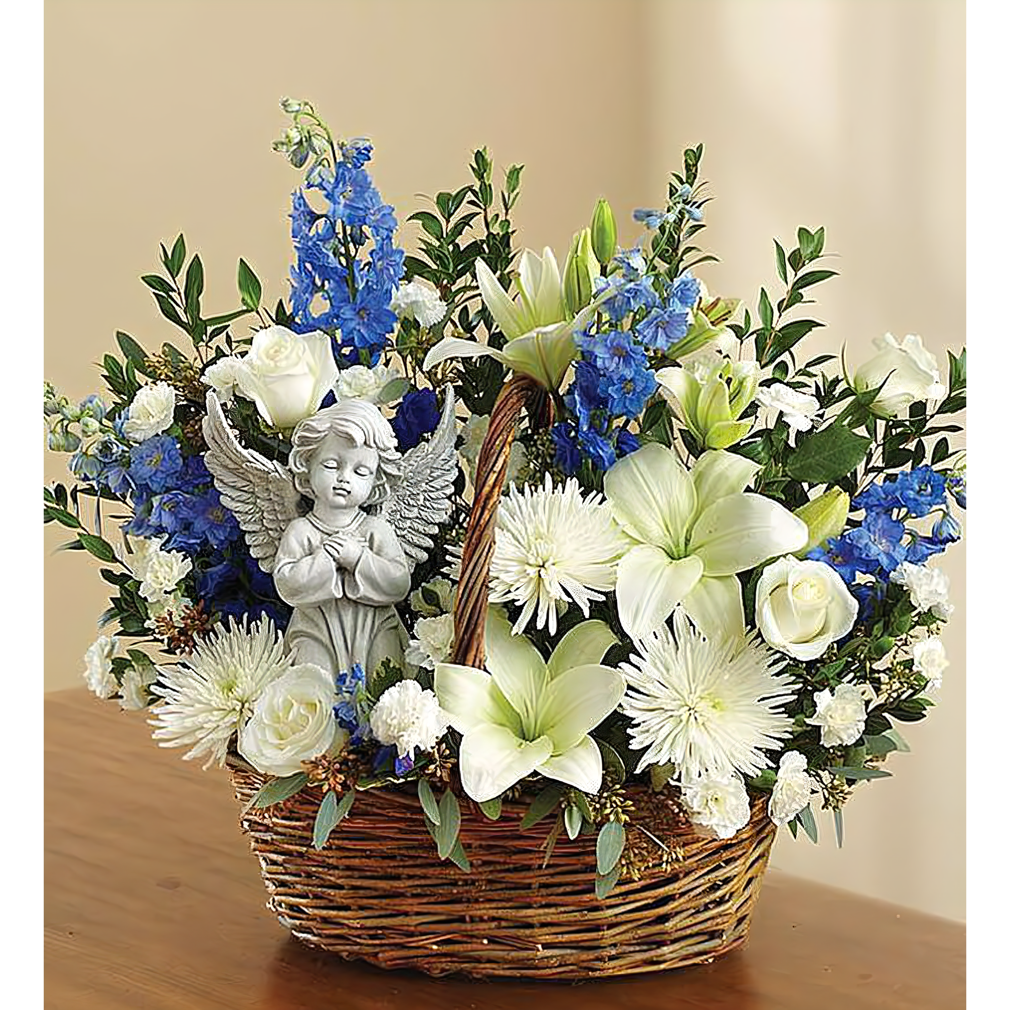 Manhattan Flower Delivery - Heavenly Angel & Blue and White Basket - Funeral > Baskets