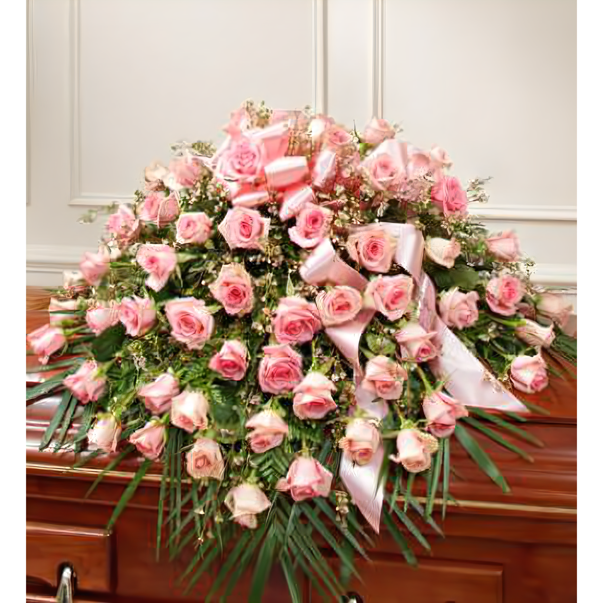 Manhattan Flower Delivery - Cherished Memories Rose Half Casket Cover - Pink - Funeral &gt; Casket Sprays