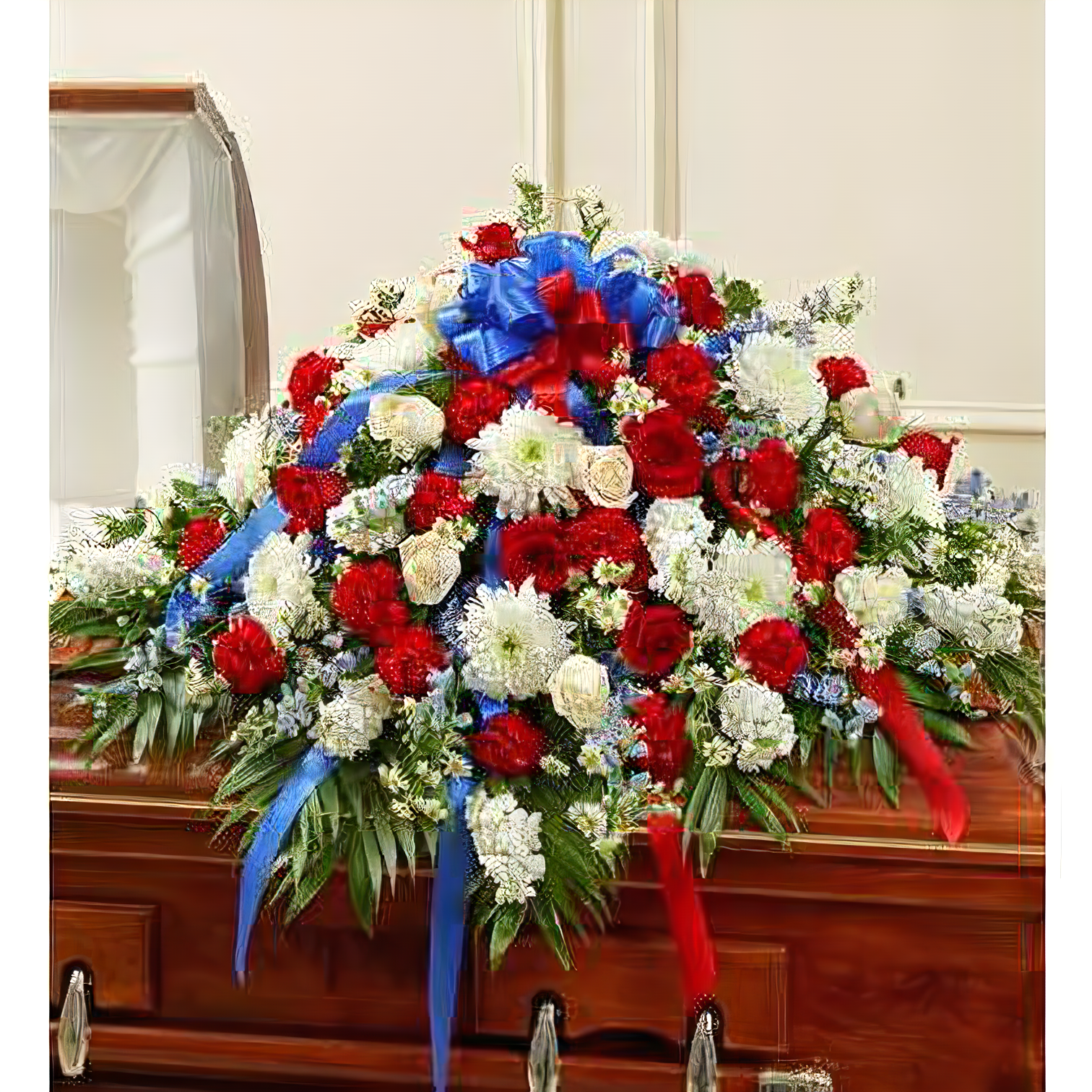 Manhattan Flower Delivery - Red, White & Blue Cherished Rose Half Casket Cover - Funeral > Casket Sprays