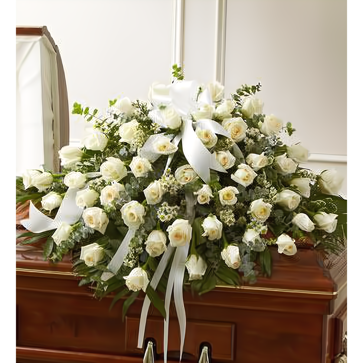 Manhattan Flower Delivery - Cherished Memories White Rose Half Casket Cover - Funeral &gt; Casket Sprays