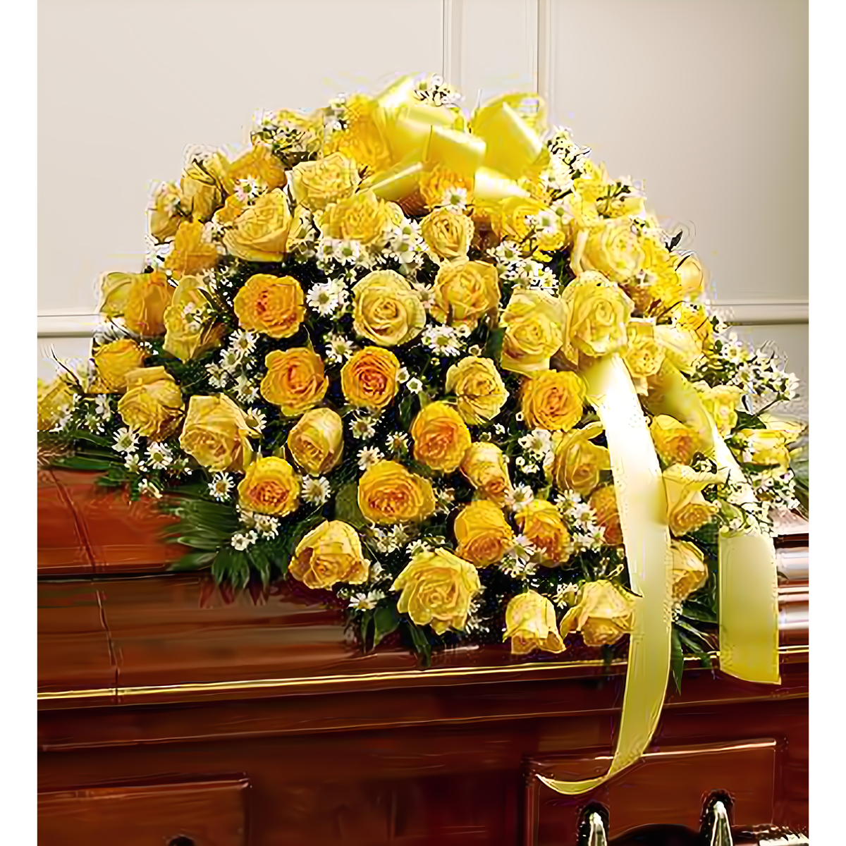 Manhattan Flower Delivery - Cherished Memories Rose Half Casket Cover - Yellow - Funeral &gt; Casket Sprays