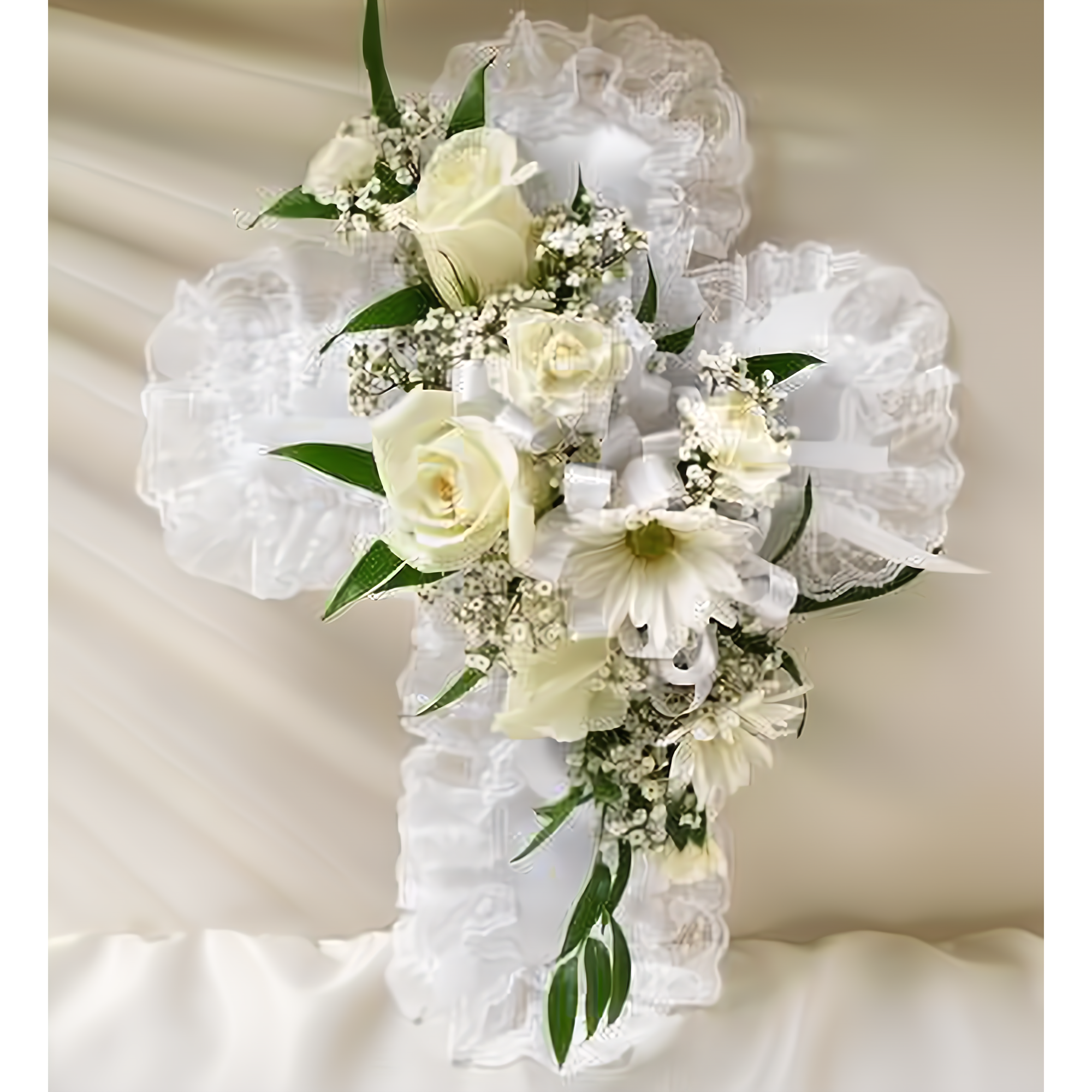 Manhattan Flower Delivery - White Satin Cross Casket Pillow - Funeral > Casket Sprays