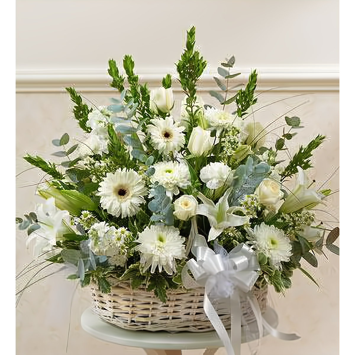 Manhattan Flower Delivery - White Sympathy Arrangement in Basket - Funeral &gt; For the Service