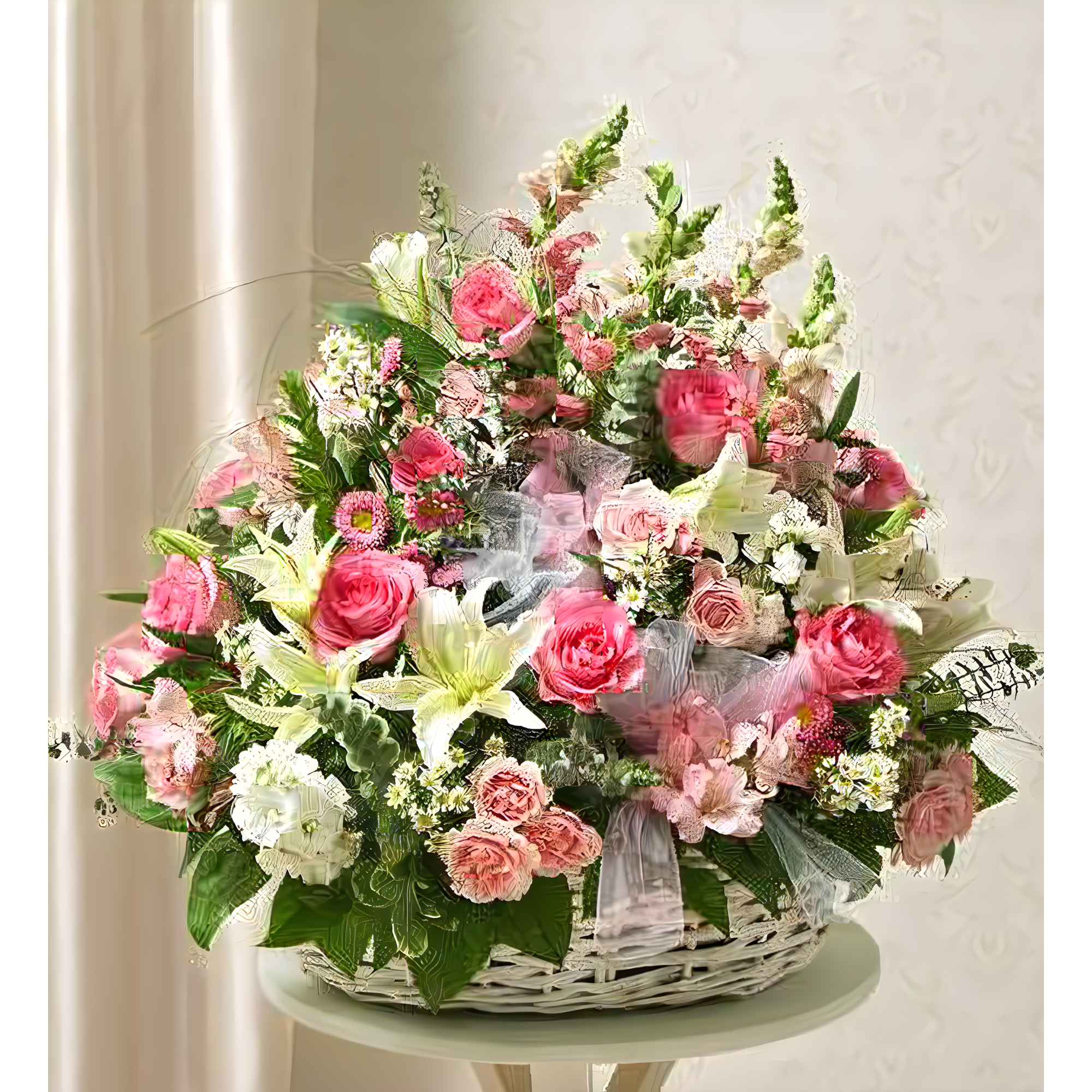 Manhattan Flower Delivery - Pink and White Sympathy Arrangement in Basket - Funeral > For the Service