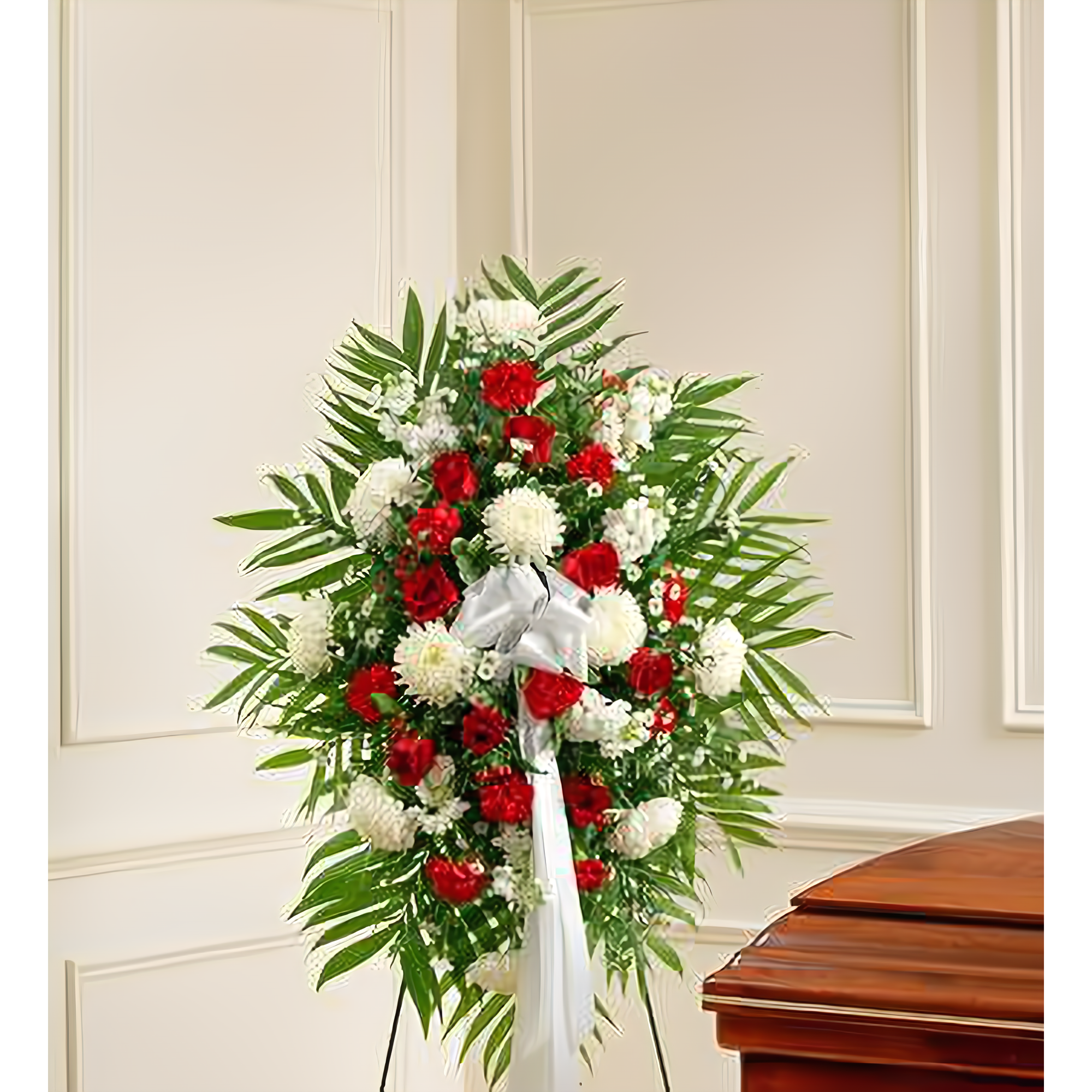 Manhattan Flower Delivery - Deepest Sympathies Red & White Standing Spray - Funeral > Standing Sprays