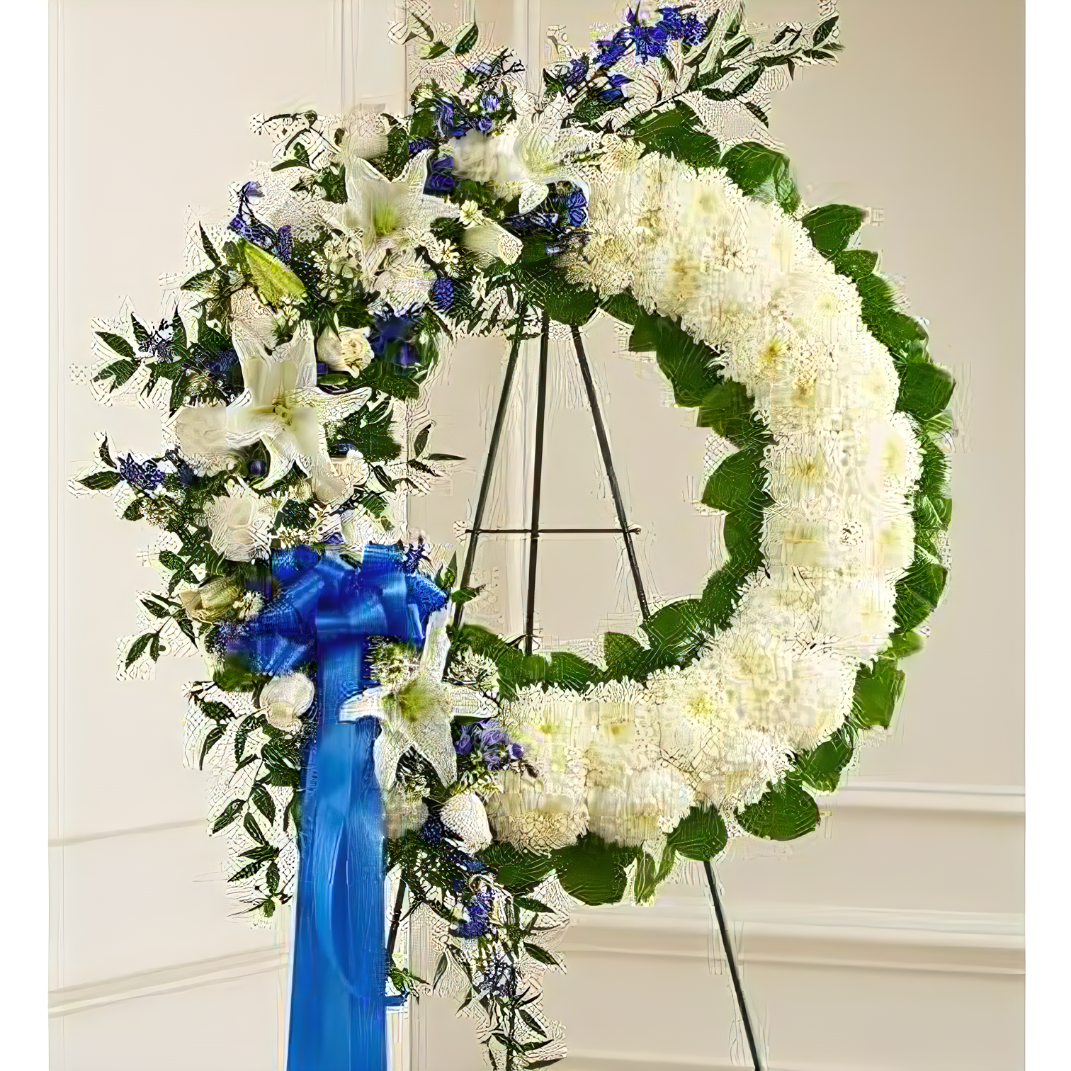 Manhattan Flower Delivery - Serene Blessings Blue & White Standing Wreath - Funeral > Wreaths