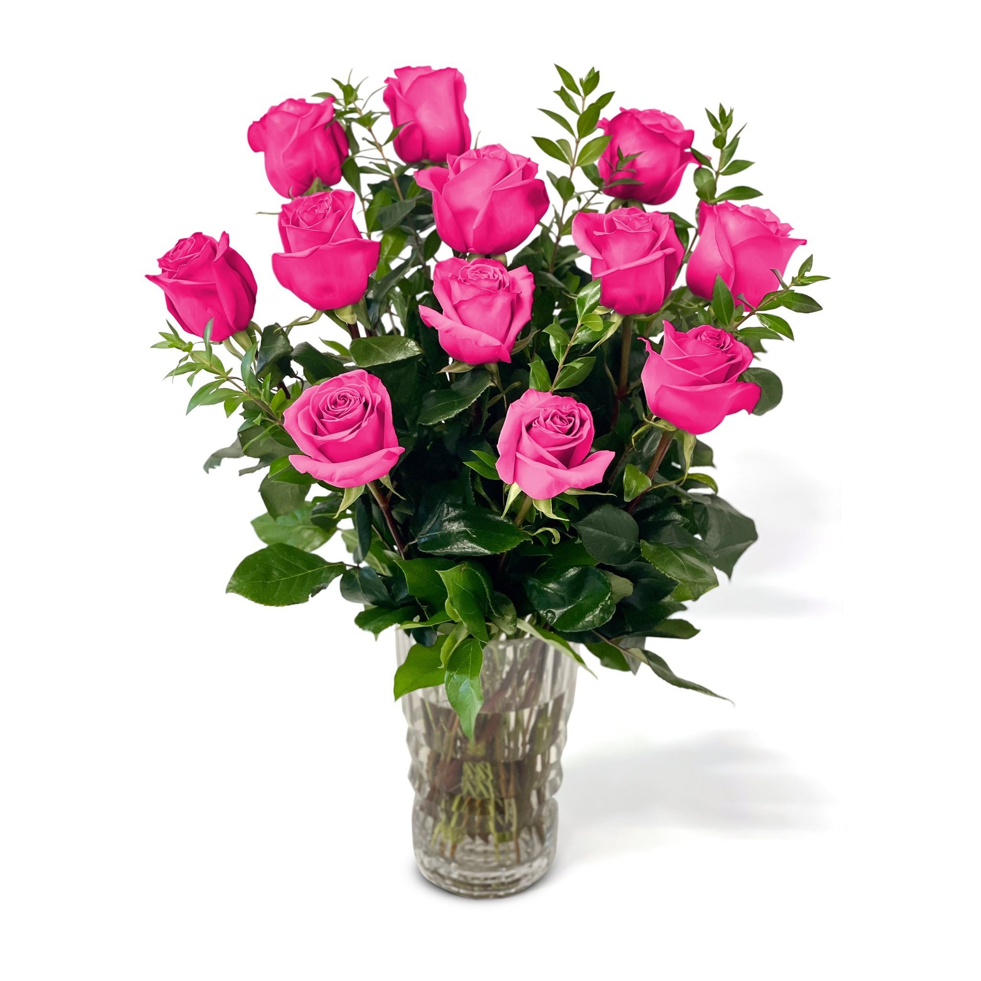 Manhattan Flower Delivery - Fresh Roses in a Crystal Vase | Dozen Hot Pink - Roses