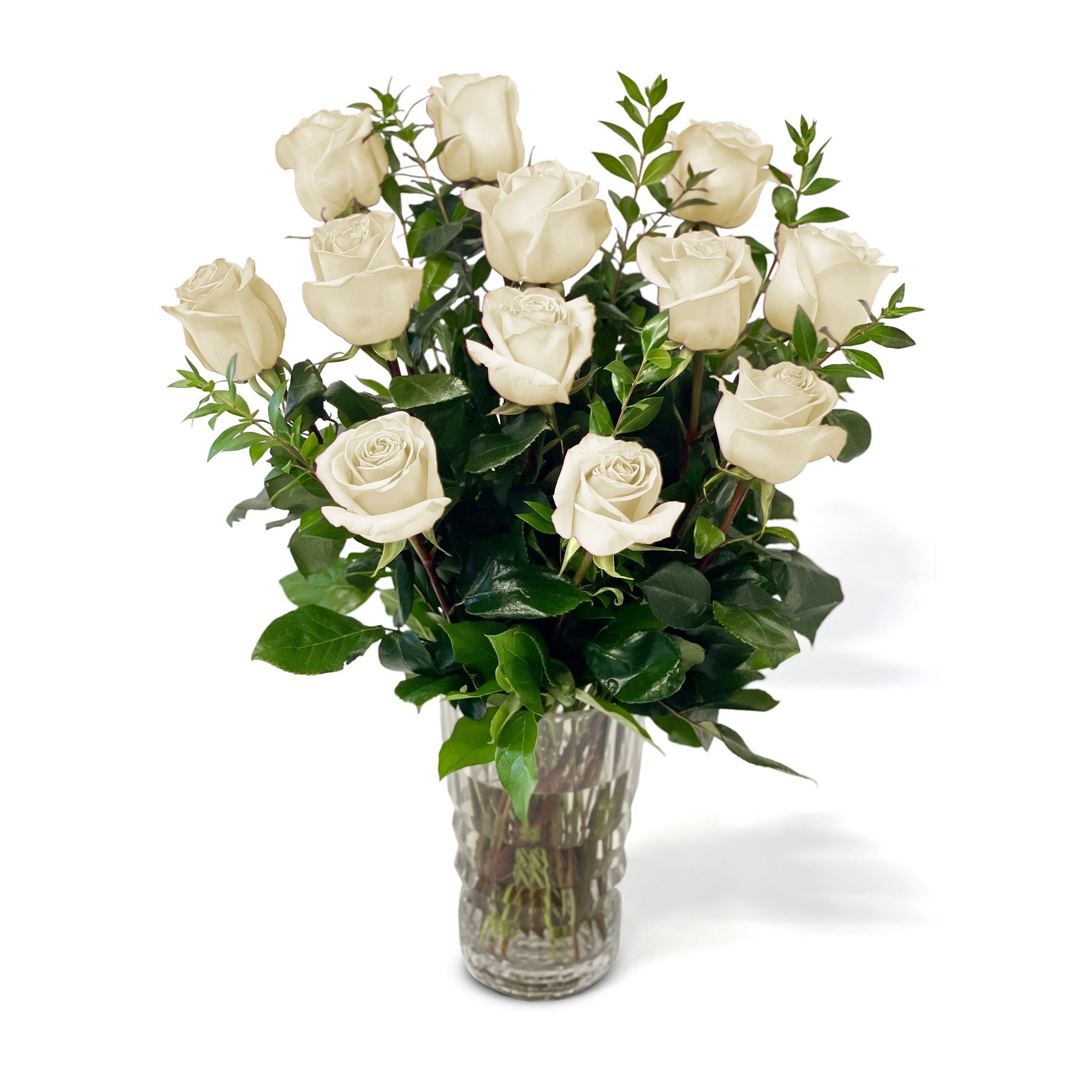 Manhattan Flower Delivery - Fresh Roses in a Crystal Vase | Dozen White - Roses