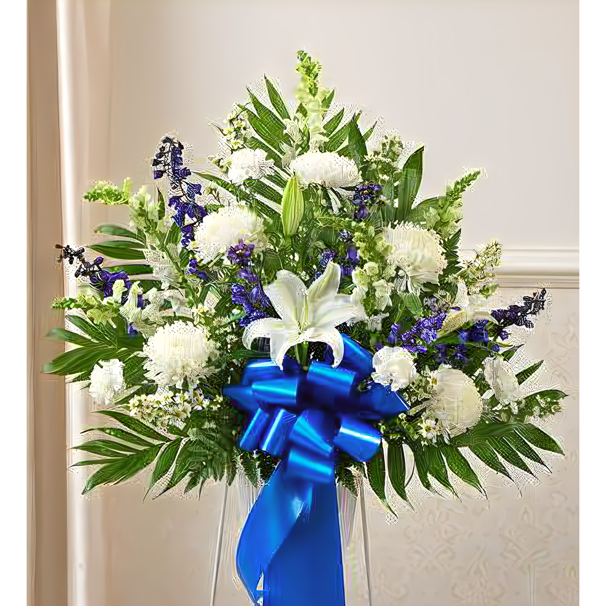 Manhattan Flower Delivery - Heartfelt Sympathies Blue &amp; White Standing Basket - Funeral &gt; Baskets