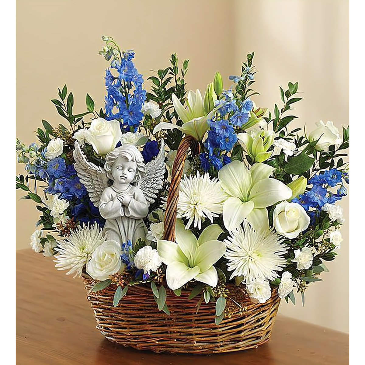 Manhattan Flower Delivery - Heavenly Angel &amp; Blue and White Basket - Funeral &gt; Baskets