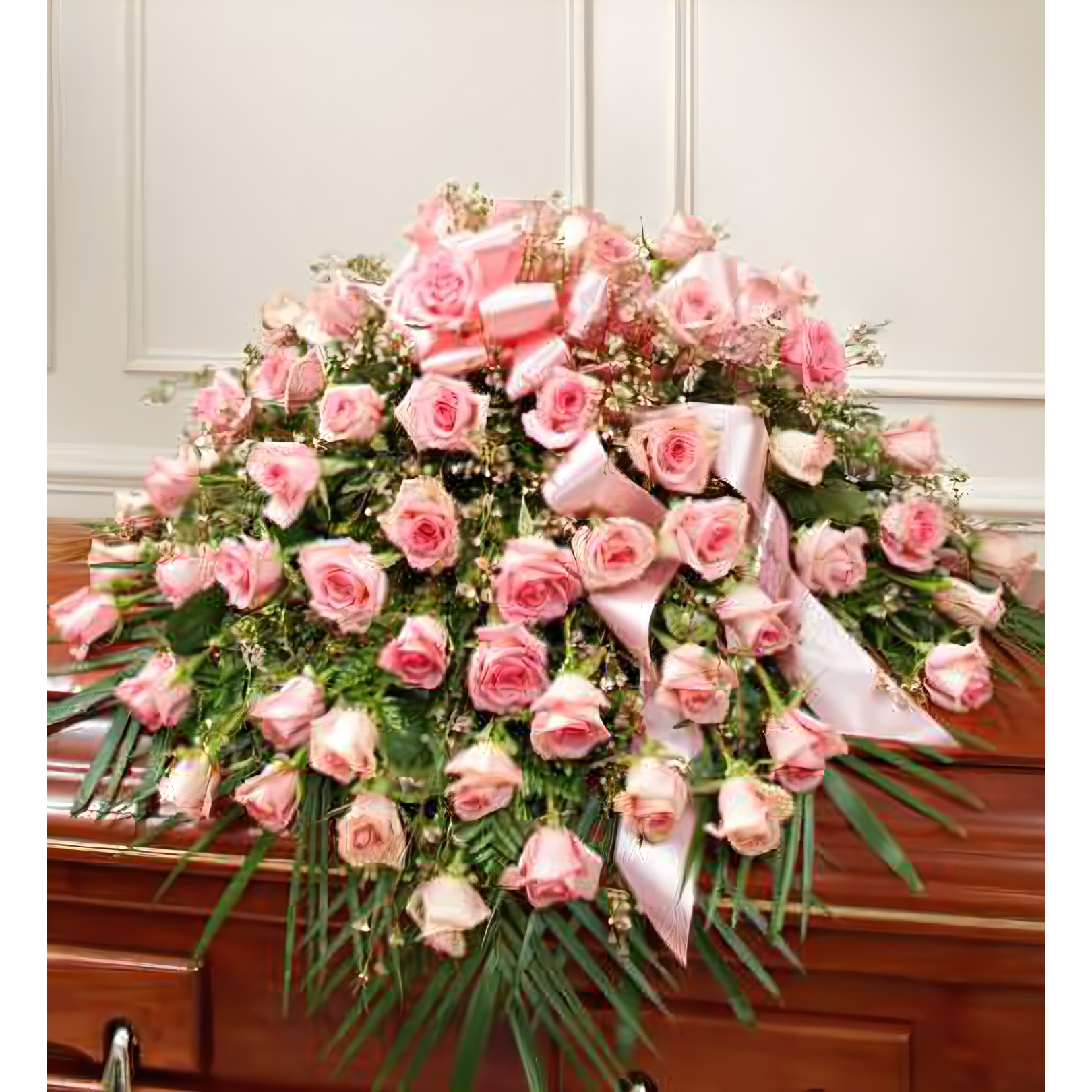 Manhattan Flower Delivery - Cherished Memories Rose Half Casket Cover - Pink - Funeral > Casket Sprays