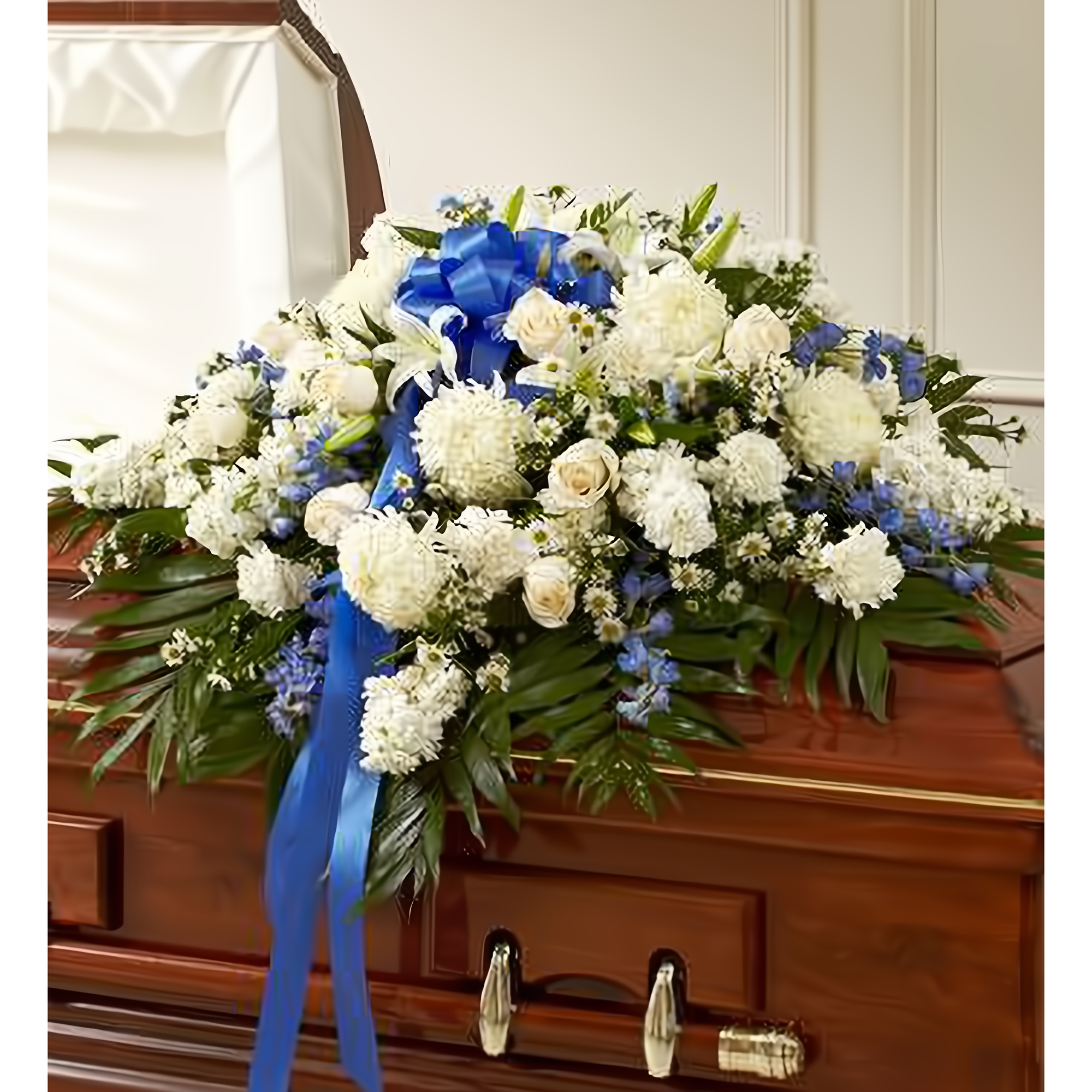 Manhattan Flower Delivery - Blue & White Cherished Rose Half Casket Cover - Funeral > Casket Sprays