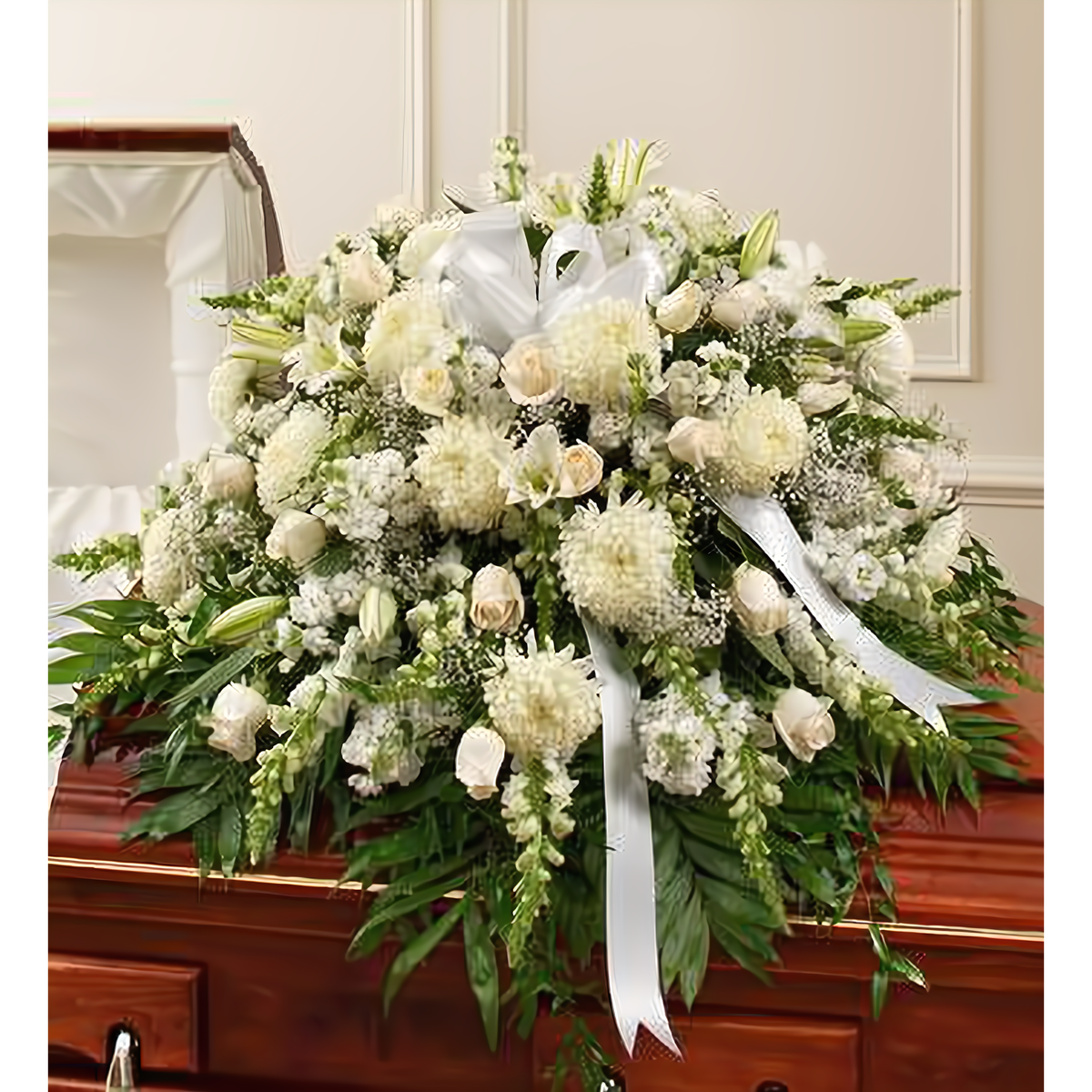 Manhattan Flower Delivery - Cherished Memories White Half Casket Cover - Funeral &gt; Casket Sprays