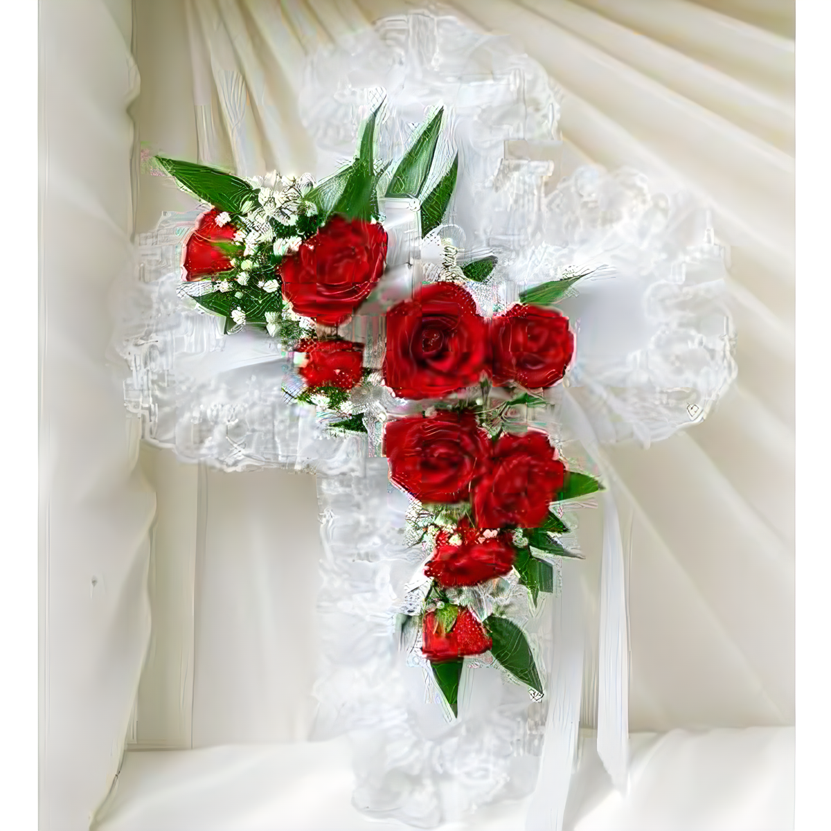 Manhattan Flower Delivery - Red &amp; White Satin Heart Casket Pillow - Funeral &gt; Casket Sprays