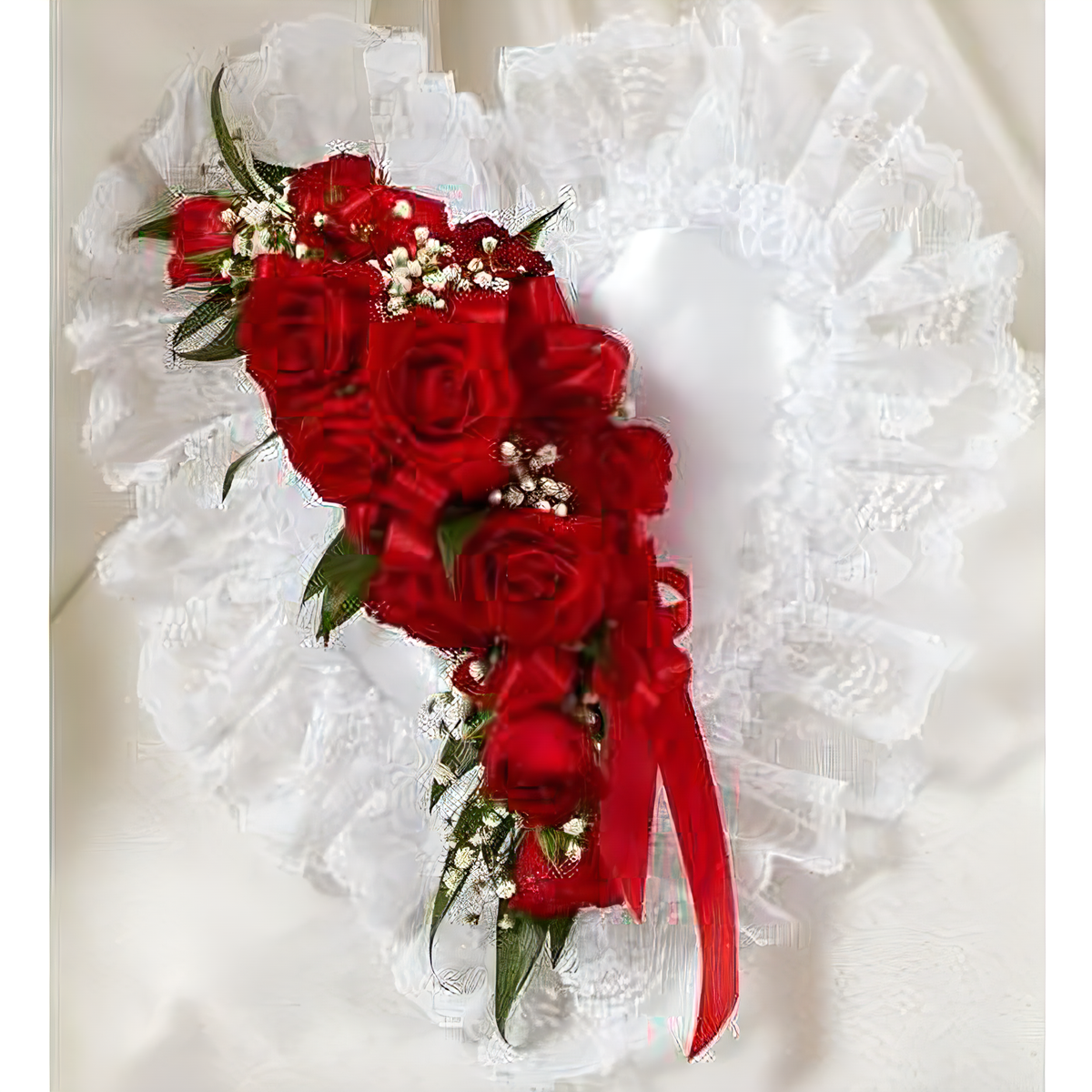 Manhattan Flower Delivery - Red and White Satin Heart Casket Pillow - Funeral &gt; Casket Sprays