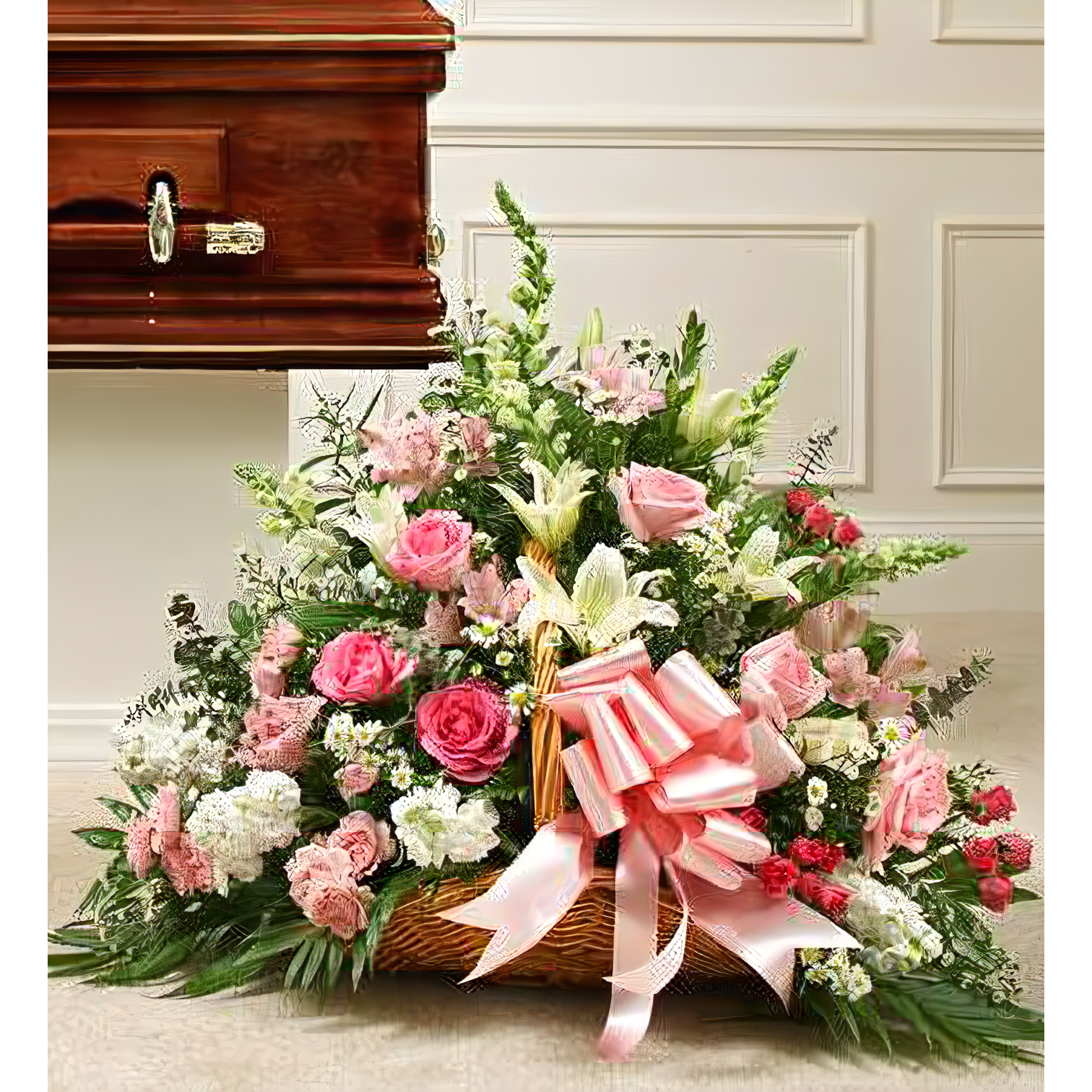 Manhattan Flower Delivery - Sincerest Sympathies Fireside Basket-Pink &amp; White - Funeral > For the Service