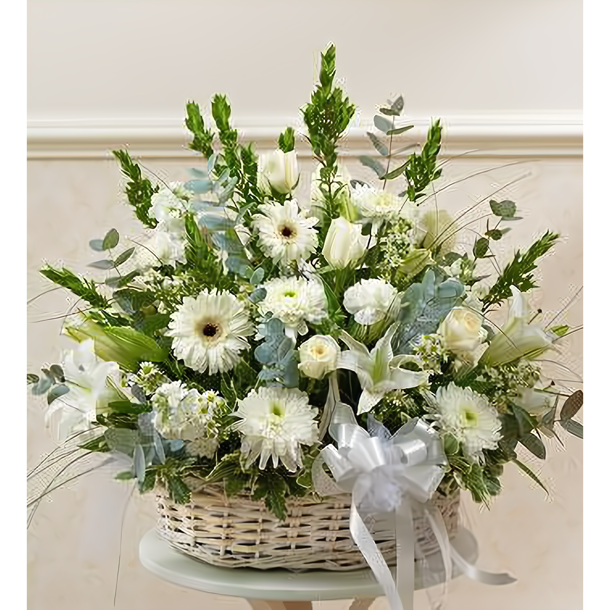 Manhattan Flower Delivery - White Sympathy Arrangement in Basket - Funeral > For the Service
