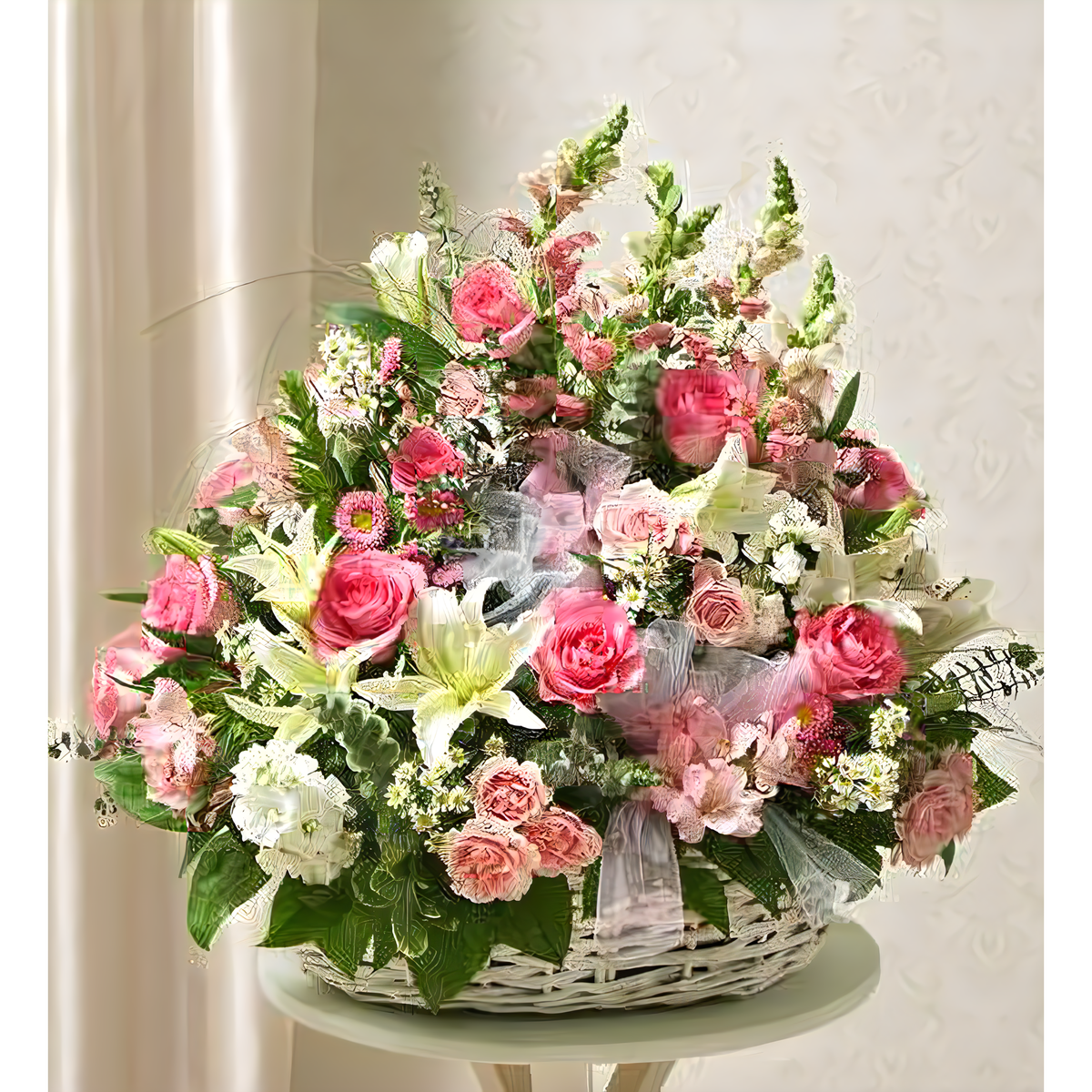 Manhattan Flower Delivery - Pink and White Sympathy Arrangement in Basket - Funeral &gt; For the Service