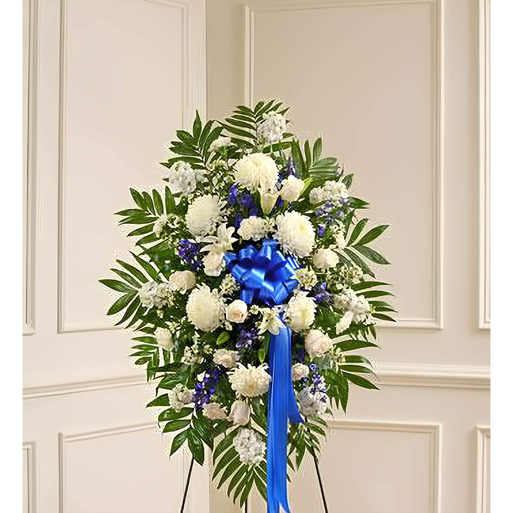 Manhattan Flower Delivery - Deepest Sympathies Blue & White Standing Spray - Funeral > Standing Sprays