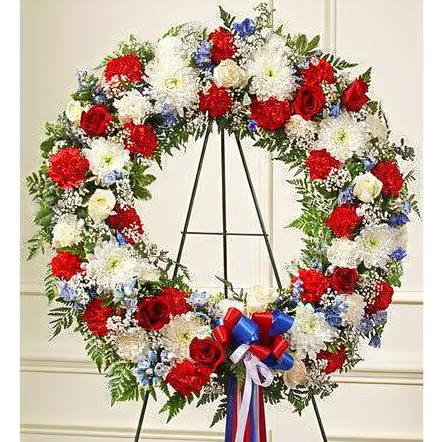Manhattan Flower Delivery - Serene Blessings Red, White & Blue Standing Wreath - Funeral > Wreaths