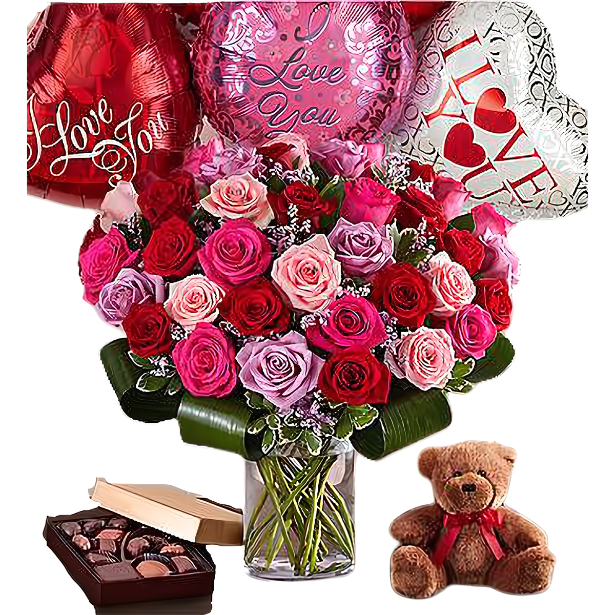 Manhattan Flower Delivery - Premium Assorted Rose Bouquet w/ 6 Balloons, Teddy, &amp; Chocolates - Occasions &gt; Anniversary