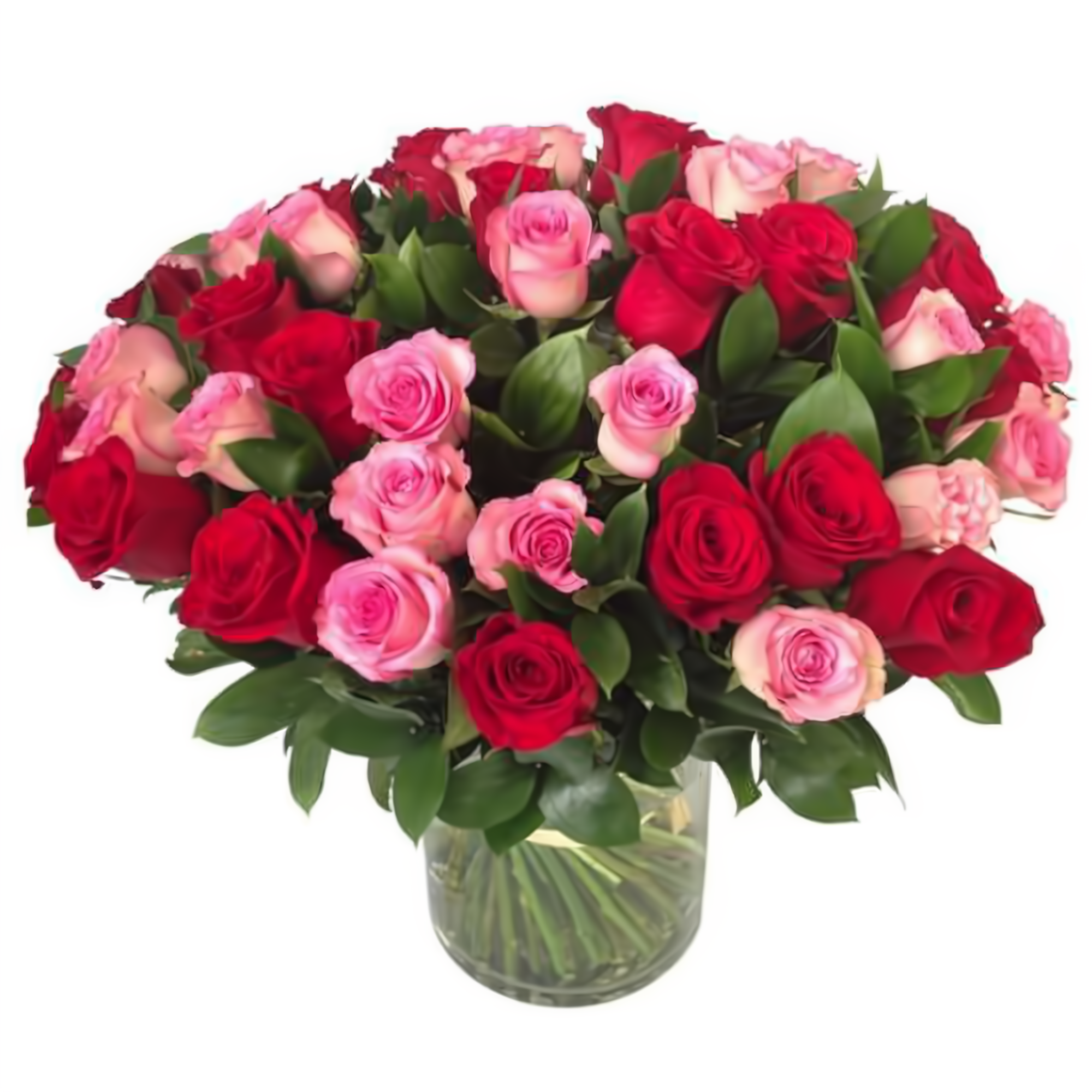 Manhattan Flower Delivery - 100 Premium Long Stem Red & Pink Rose in a Vase - Valentine's Day