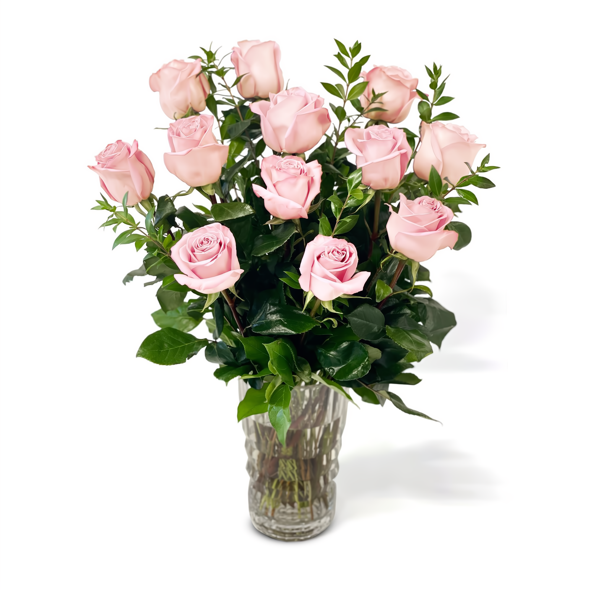 Manhattan Flower Delivery - Fresh Roses in a Crystal Vase | Dozen Light Pink - Roses