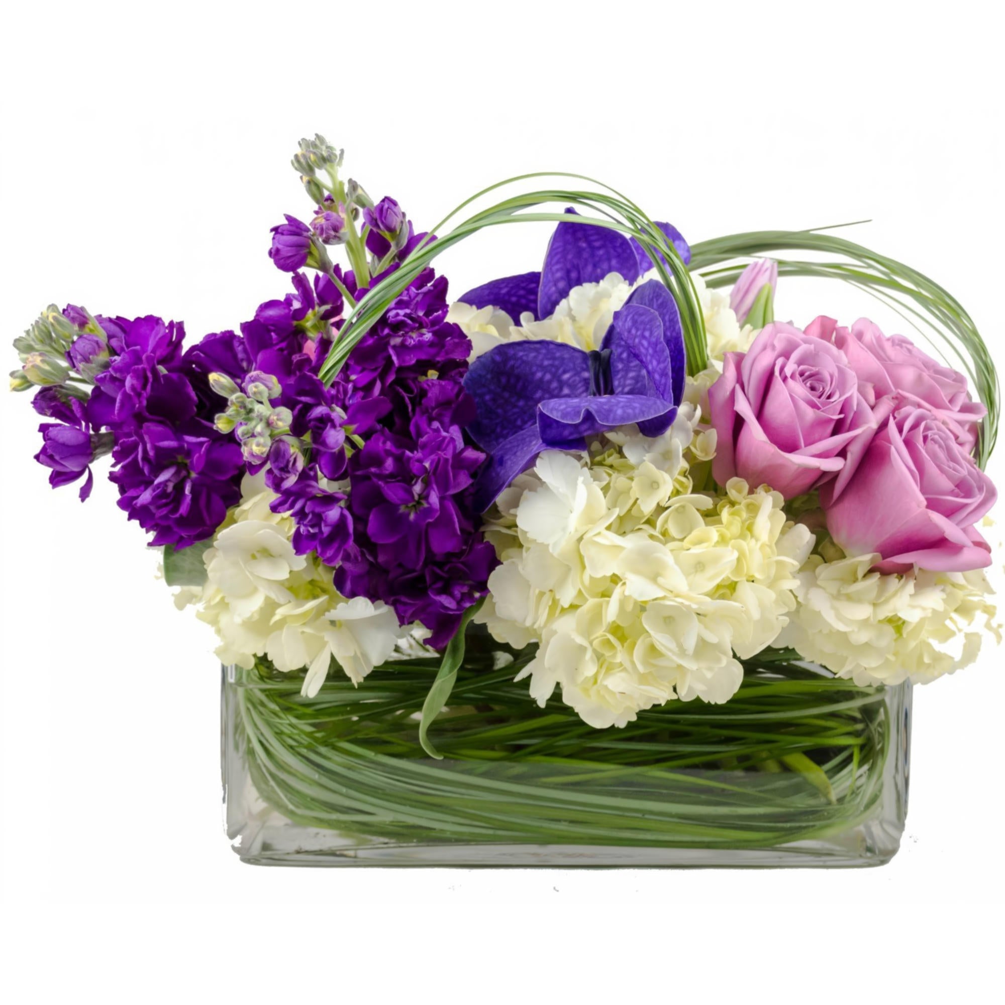 Fabulous Days To Come is a hand arranged floral bouquet, by Queens Flower Delivery, in a modern rectangular vase full of Hydrangeas, Purple stock, lavender roses, ti leaf and bear grass. 