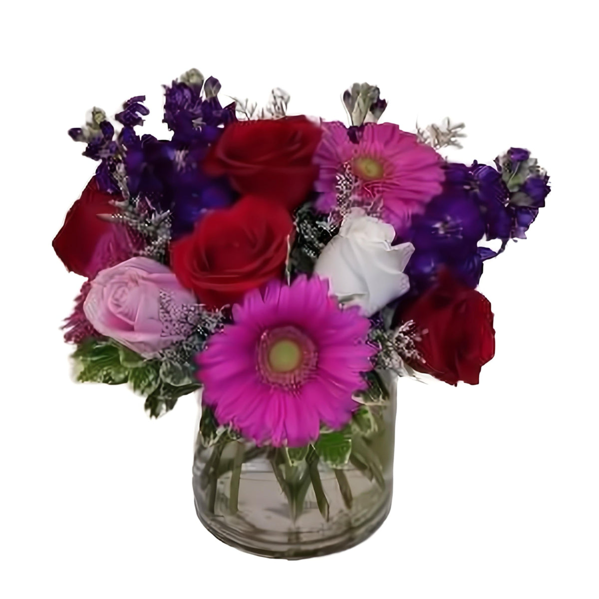 Fields of Dreams floral arrangement, hand crafted by Queens Flower Delivery, includes Daisy Gerberas, Roses, and Purple Stock