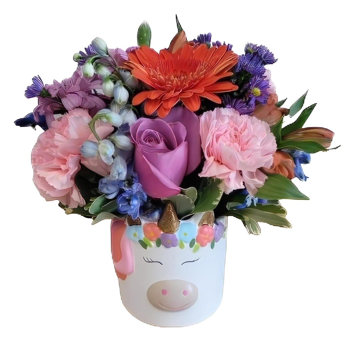 Unicorn Floral Fantasy Floral Arrangement by Queens Flower Delivery features a unicorn vase with a floral blast of color.