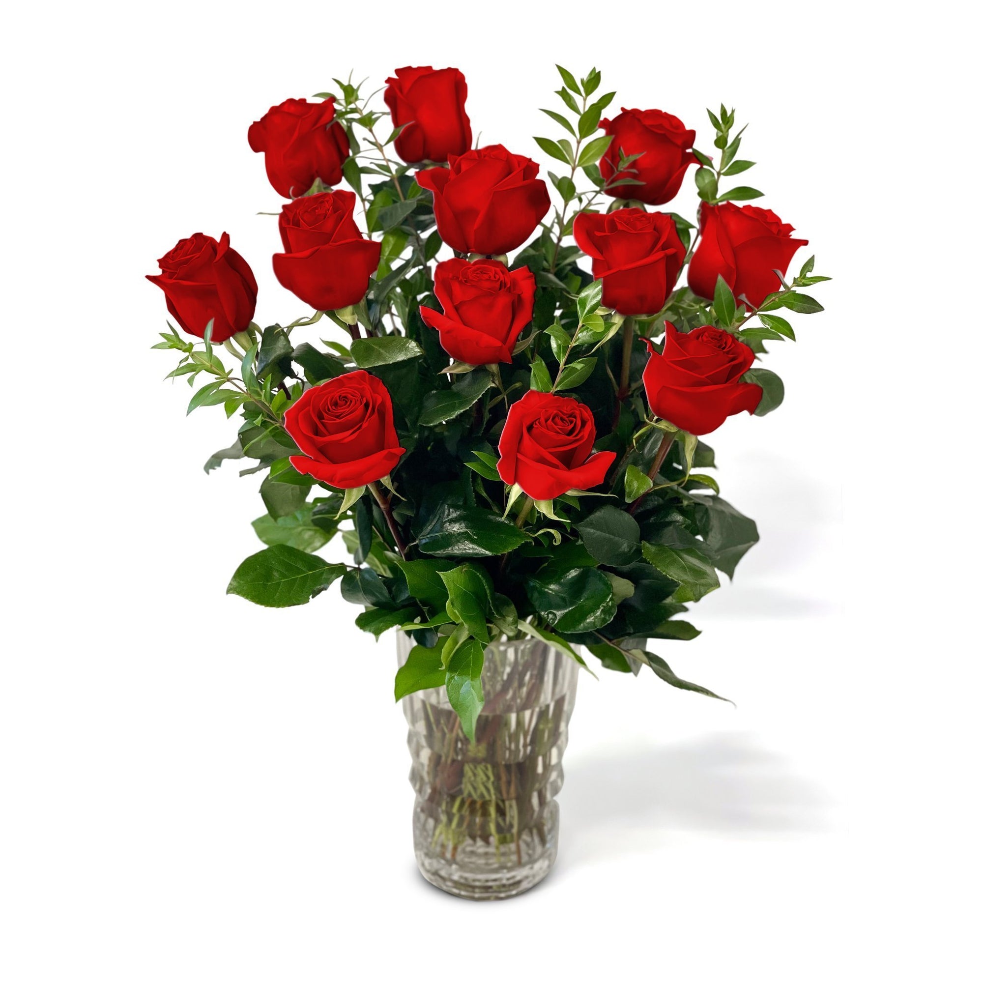 Manhattan Flower Delivery - Fresh Roses in a Crystal Vase | Dozen Red - Roses
