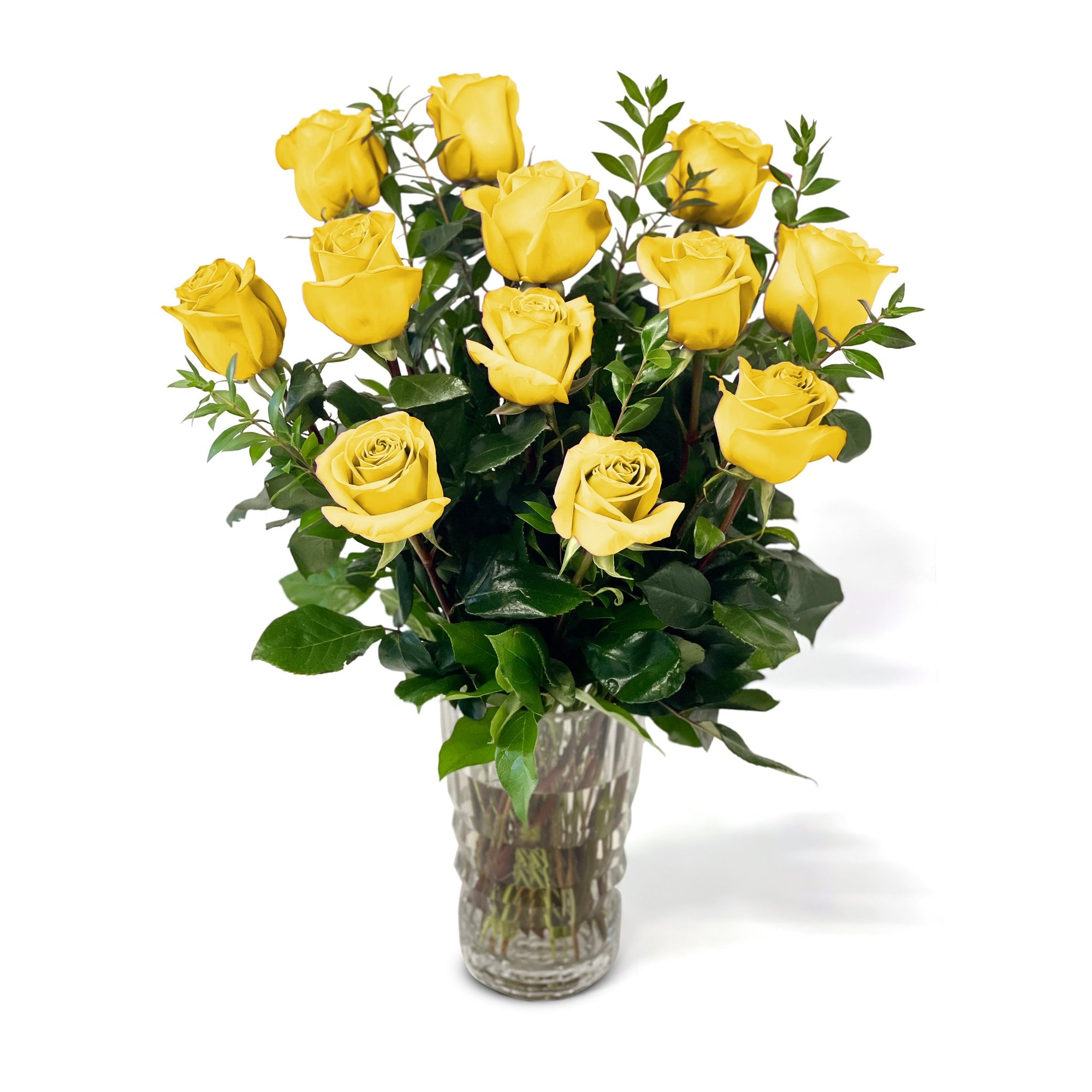 Manhattan Flower Delivery - Fresh Roses in a Crystal Vase | Dozen Yellow - Roses