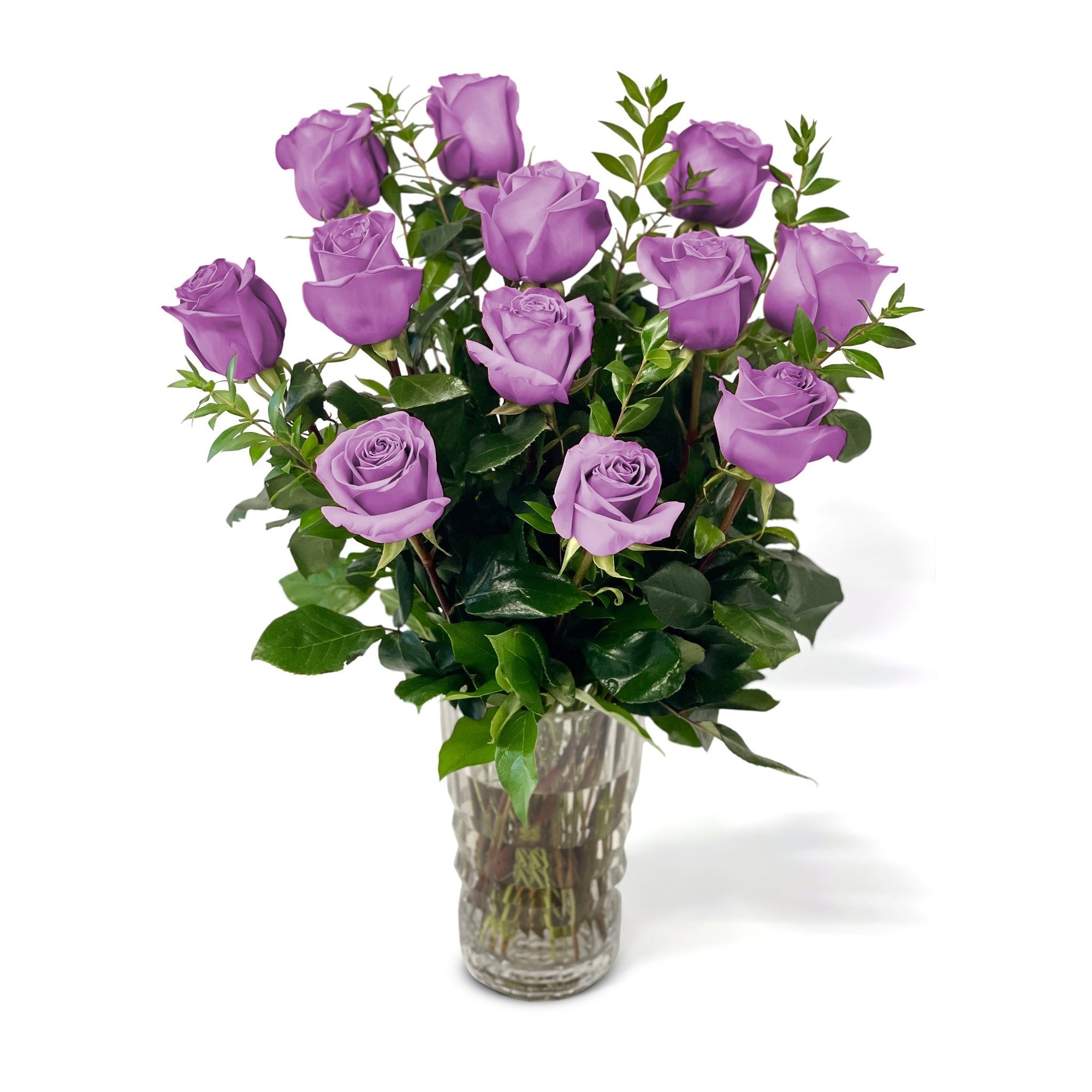 Manhattan Flower Delivery - Fresh Roses in a Crystal Vase | Dozen Purple - Roses
